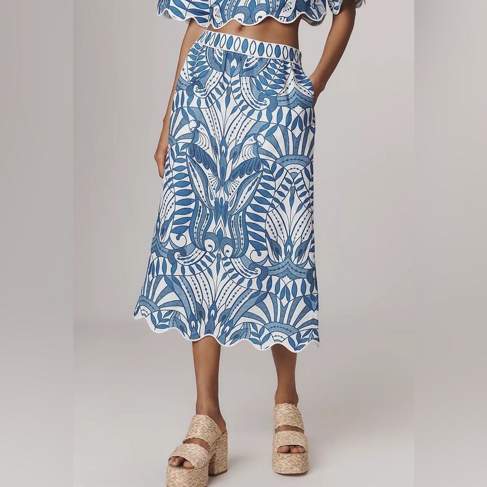 NWT FARM Rio Blue and White A-Line Skirt 100% Linen Size S